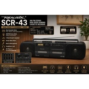 Realistic SCR-43 Dual Cassette Boombox Radio AM/FM 14-769 Black Vintage